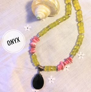 Boho Yellow & Pink Stone Choker w/Onyx Pendant